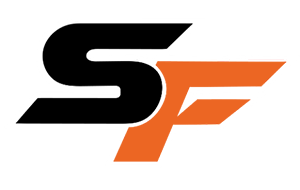 Logo with black and orange design on a white background
